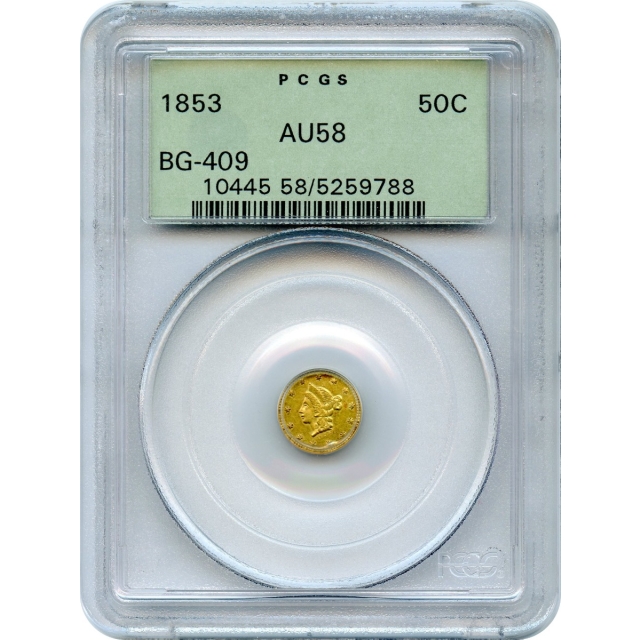 BG- 409 G50C 1853 California Fractional, Liberty Round PCGS AU58 R3