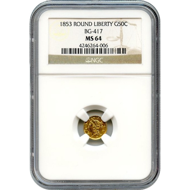 BG- 417, 1853 California Gold Rush Circulating Fractional Gold 50C, Liberty Round NGC MS64