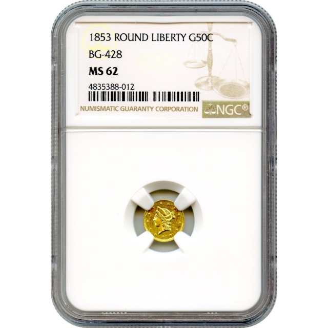 1853 California Gold Rush Circulating Fractional Gold 50C, BG-428 Liberty Round NGC MS62 R3