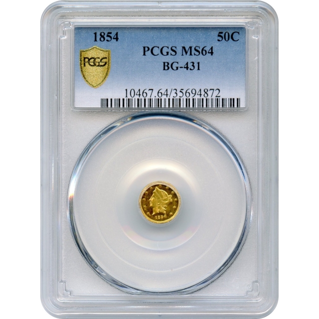BG- 431, 1854 California Gold Rush Circulating Fractional Gold 50C, Liberty Round PCGS MS63 R5-