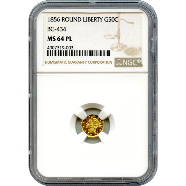 BG- 434, 1856 California Gold Rush Circulating Fractional Gold 50C, Liberty Round, NGC MS64 Prooflike R4-