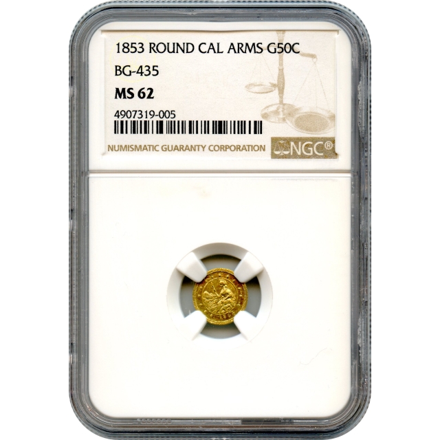 BG- 435, 1853 California Gold Rush Circulating Fractional Gold 50C, Round 'Arms of California,' NGC MS62 R5-
