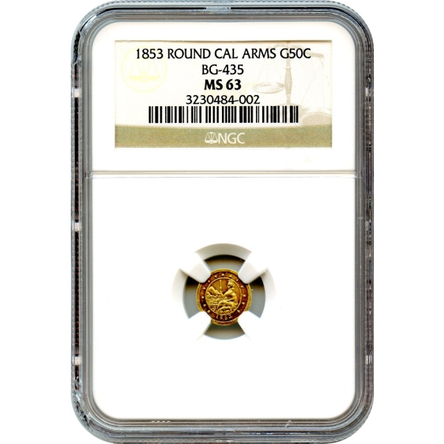 BG- 435, 1853 California Gold Rush Circulating Fractional Gold 50C, Round 'Arms of California' NGC MS63 R5-