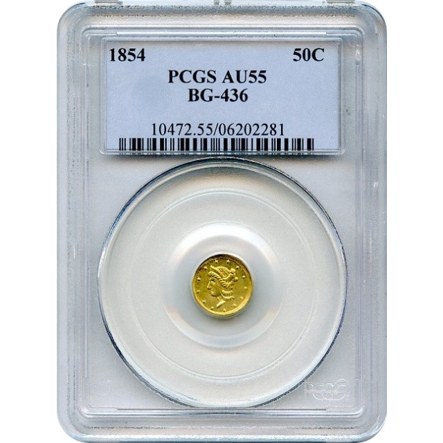 BG- 436, 1854 California Gold Rush Circulating Fractional Gold 50C, Liberty Round, Eagle Reverse PCGS AU55 R6