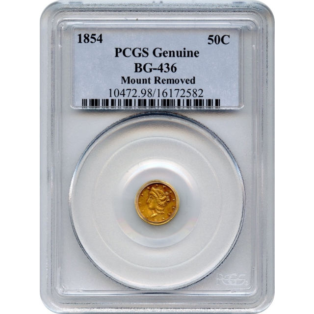 BG- 436, 1854 California Gold Rush Circulating Fractional Gold $1, Liberty Round, Eagle Reverse PCGS Genuine R6
