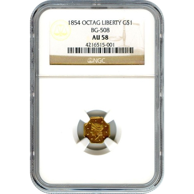 BG- 508, 1854 California Gold Rush Circulating Fractional Gold $1, Liberty Octagonal NGC AU58 R4+ - color!