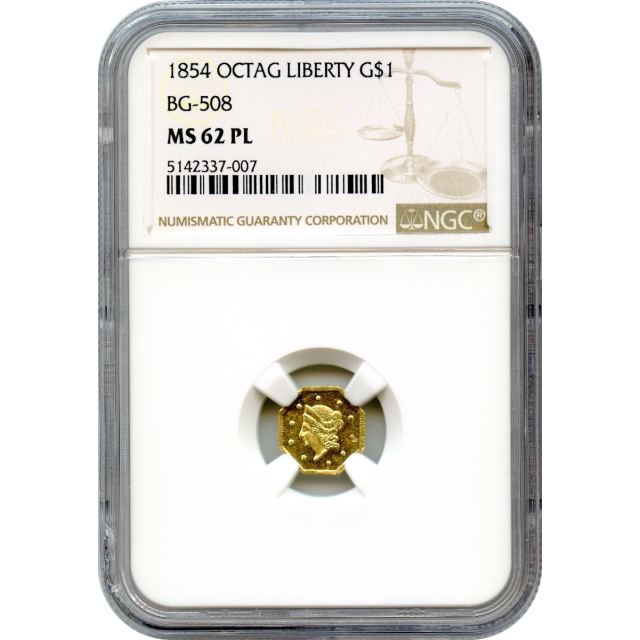 BG- 508 G$1 1854 California Fractional, Liberty Octagonal NGC MS62PL R4+