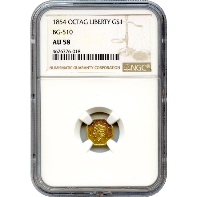 BG- 510 G$1 1854 California Fractional, Liberty Octagonal NGC AU58 R5-