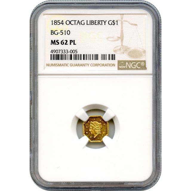 BG- 510, 1854 California Gold Rush Circulating Fractional Gold $1, Liberty Octagonal NGC MS62PL R5-