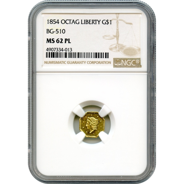 BG- 510, 1854 California Gold Rush Circulating Fractional Gold $1, Liberty Octagonal NGC MS62PL R5-