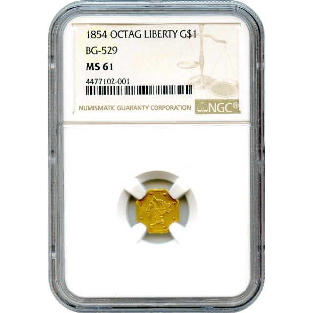 BG- 529, 1854 California Gold Rush Circulating Fractional Gold G$1, Liberty Octagonal NGC MS61 R8