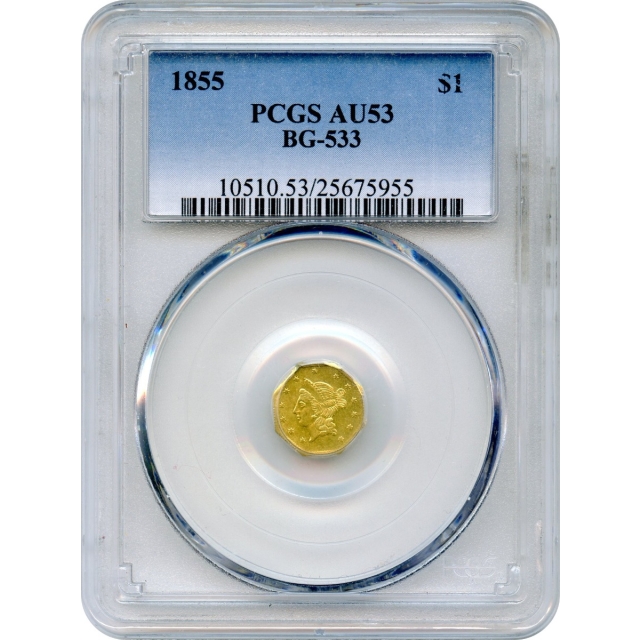 BG- 533 G$1 1855 California Fractional, Liberty Octagonal PCGS AU53 R4-