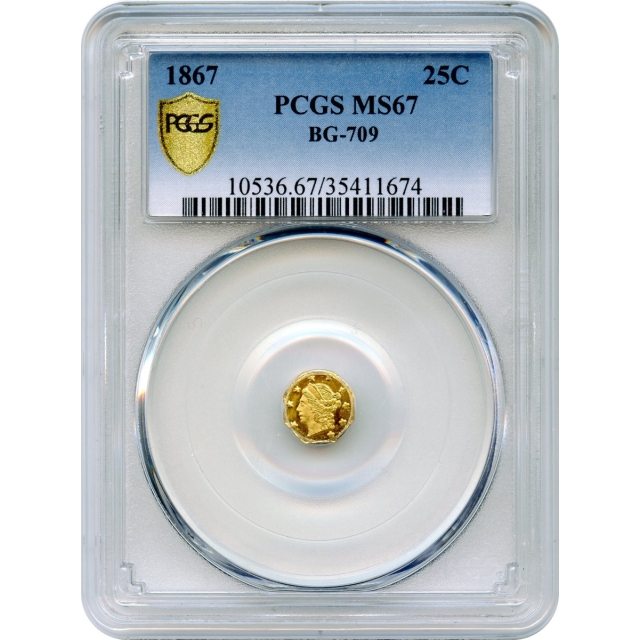 BG- 709, 1867 California Fractional Gold 25C, Liberty Octagonal PCGS MS67 R4
