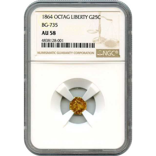 BG- 735, 1864 California Fractional Gold 25C, Liberty Octagonal NGC AU58 R4