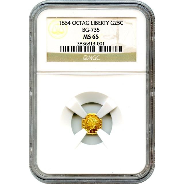 BG- 735, 1864 California Fractional Gold 25C, Liberty Octagonal NGC MS65 R4