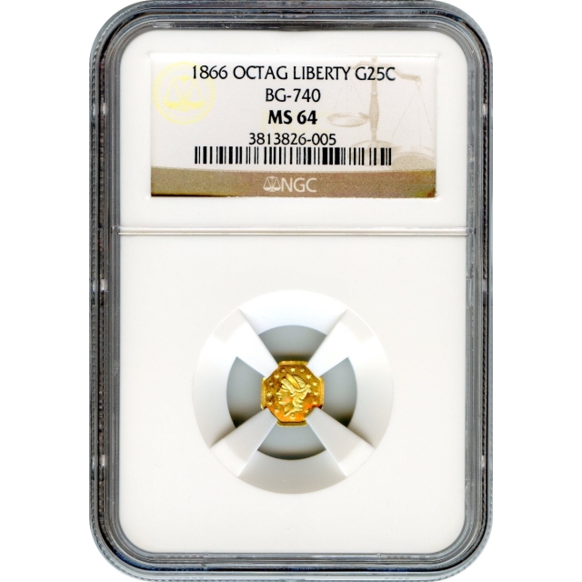 BG- 740, 1866 California Fractional Gold 25C, Liberty Octagonal NGC MS64 R6-