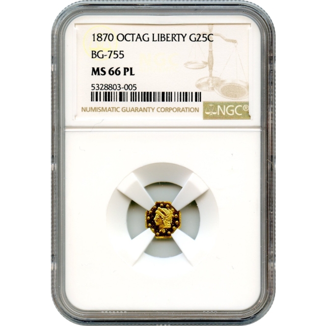 BG- 755, 1870 California Fractional Gold 25C, Liberty Octagonal NGC MS66PL R4+ - Top Pop!