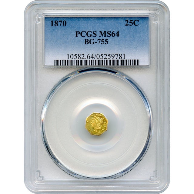 BG- 755, 1870 California Fractional Gold 25C, Liberty Octagonal PCGS MS64 R4+