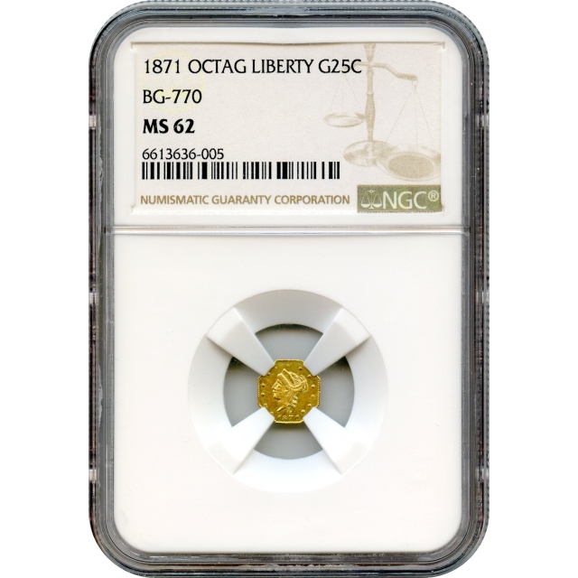 BG- 770, 1871 California Fractional Gold 25C, Liberty Octagonal NGC MS62