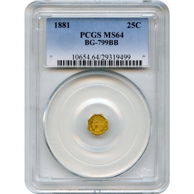 BG- 799BB, 1881 California Fractional Gold 25C, Indian Octagonal PCGS MS64 R6+