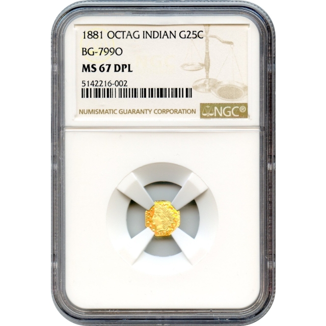 BG- 799O, 1881 California Fractional Gold 25C, Indian Octagonal NGC MS67DPL R4-