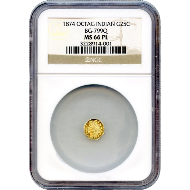 BG- 799Q, 1874 California Fractional Gold 25C, Indian Octagonal NGC MS66PL R5+