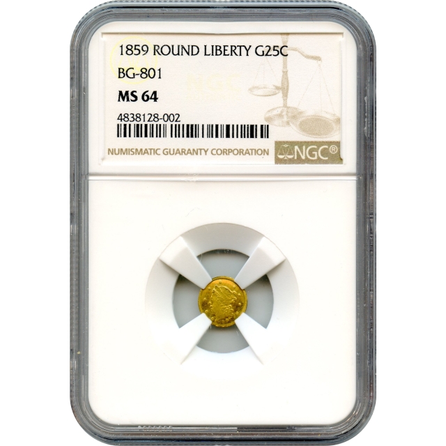 BG- 801, 1859 California Fractional Gold 25C, Liberty Round NGC MS64