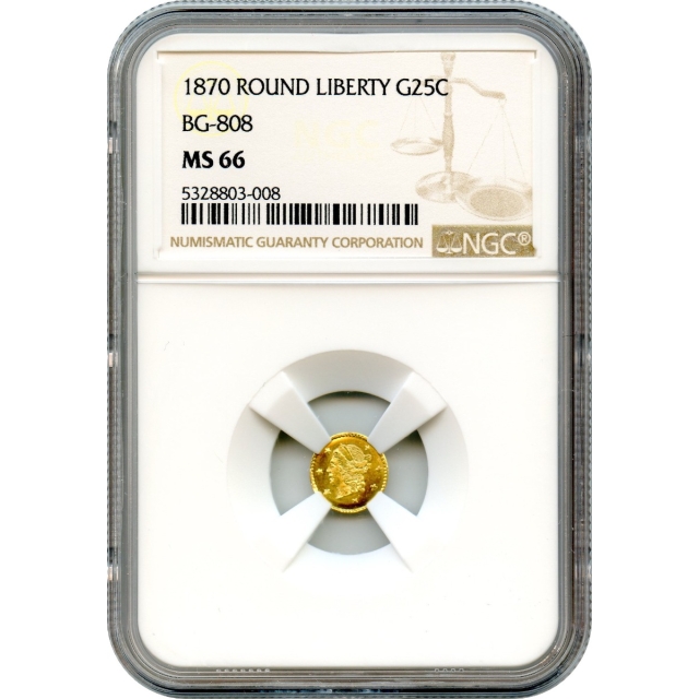 BG- 808, 1870 California Fractional Gold 25C, Liberty Round NGC MS66 R3