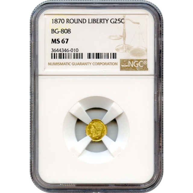 BG- 808, 1870 California Fractional Gold 25C, Liberty Round NGC MS67 R3