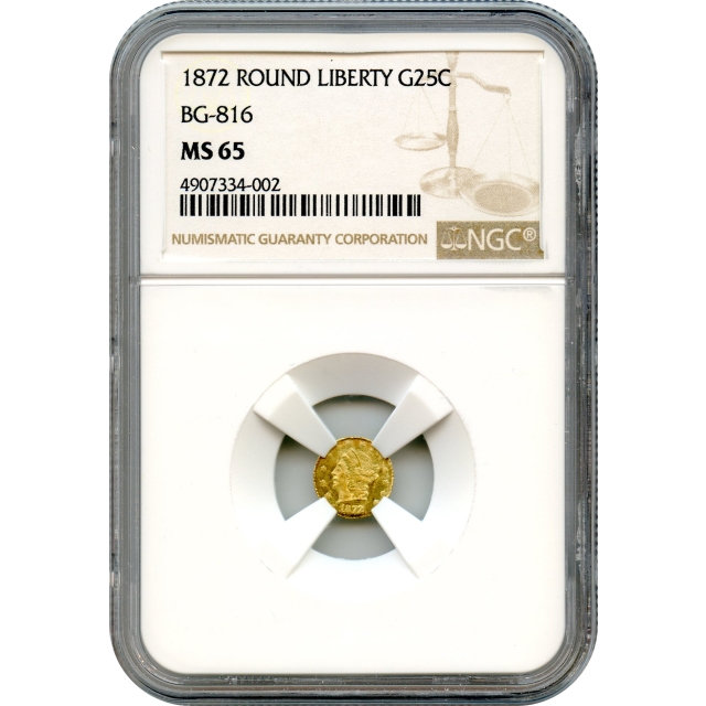 BG- 816, 1872 California Fractional Gold 25C, Liberty Round NGC MS65