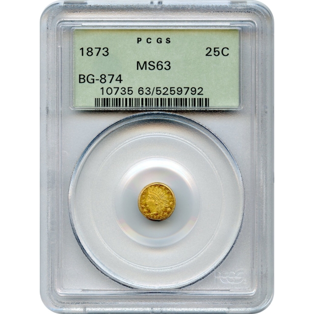 BG- 874 G25C 1873 California Fractional, Indian Round PCGS MS63 R6-