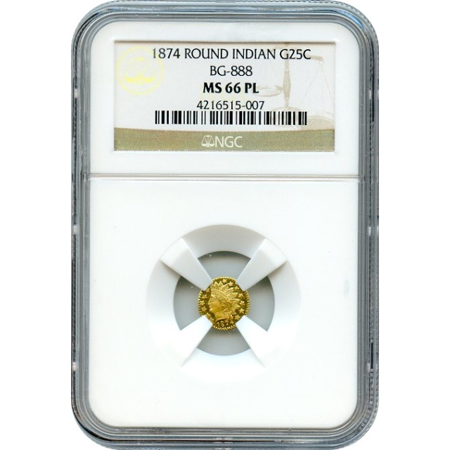 BG- 888, 1874 California Fractional Gold 25C, Indian Round NGC MS66PL R5-