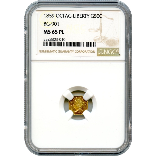 BG- 901, 1859 California Fractional Gold 50C, Liberty Octagonal NGC MS65PL R6+
