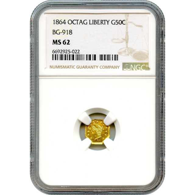 BG- 918, 1864 California Fractional Gold 50C, Liberty Octagonal NGC MS62