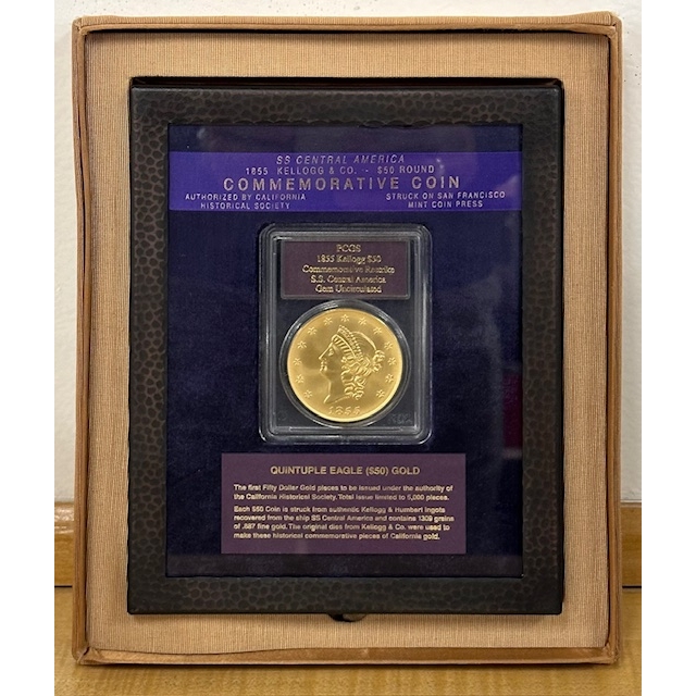 1855 $50 Kellogg & Co. California Gold - Commemorative Restrike PCGS Gem Mint State Ex.SS Central America w/Case