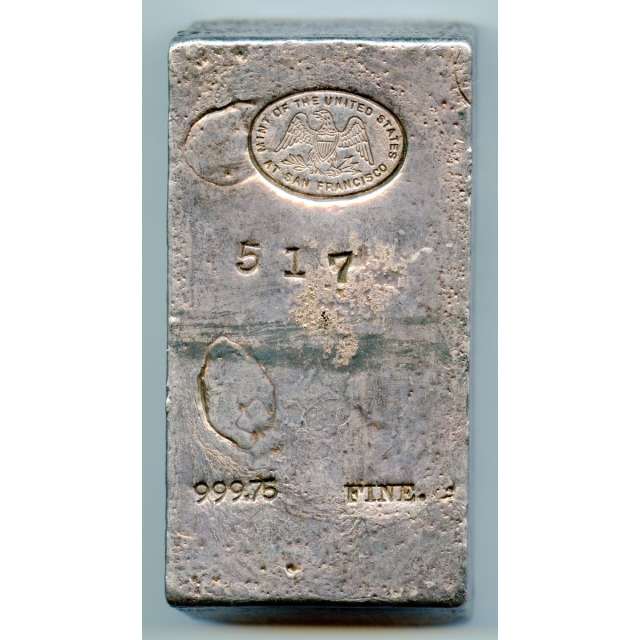 US Assay Office at San Francisco Silver ingot No.517, Type II Hallmark 100.09oz 999.5 fine