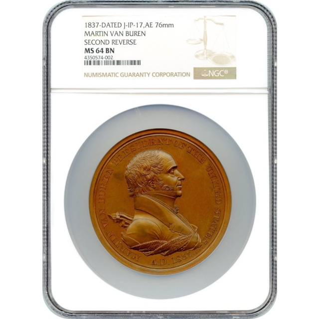 Indian Peace Medal - 1837 Martin Van Buren,  J-IP-17 Second Reverse AE 76mm NGC MS64
