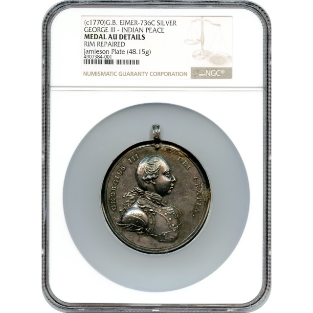 Indian Peace Medal - 1770-undated George III Second Reverse, Silver 60.6mm, Adams 8.2. Choice AU Details