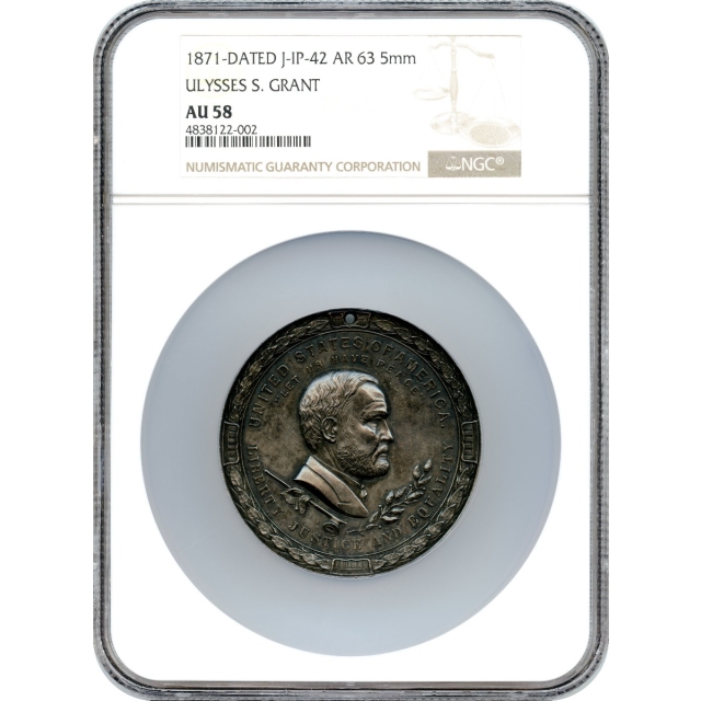 Indian Peace Medal - 1871 Ulysses S. Grant,  J-IP-42 Silver 64mm NGC AU58