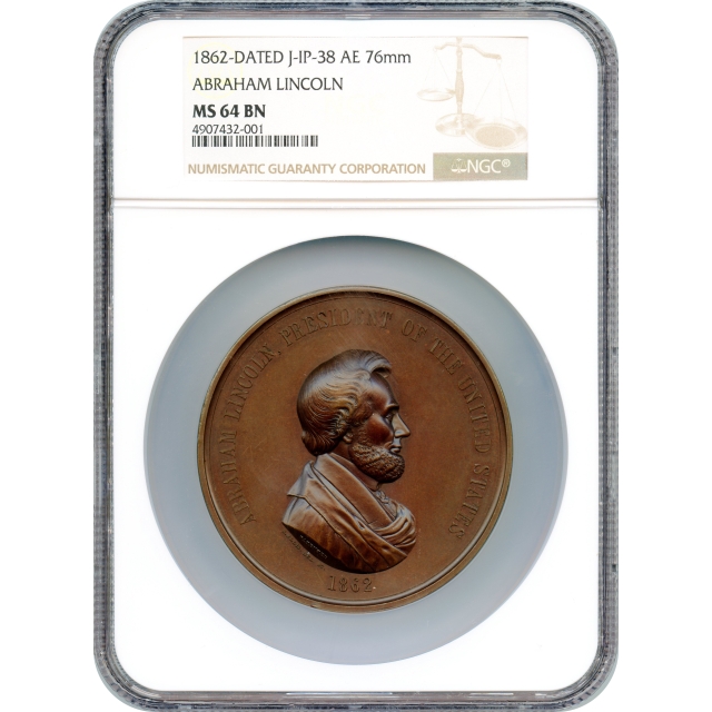 Indian Peace Medal - 1862 Abraham Lincoln, J-IP-38 AE 76mm NGC MS64