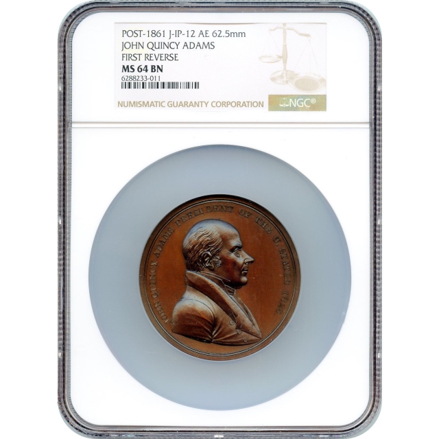 Indian Peace Medal - 1825 John Quincy Adams, 1st Reverse, J-IP-12 AE 62.5mm NGC MS64BN
