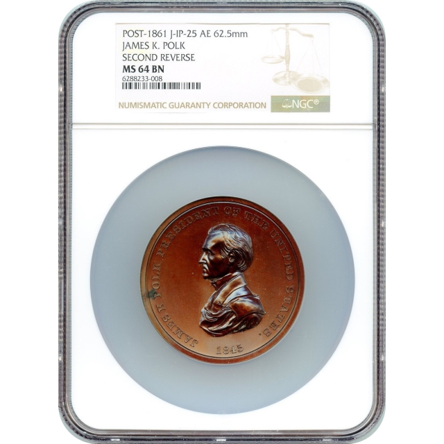 Indian Peace Medal - 1845 James Polk, 2nd Reverse, J-IP-25 AE 62.5mm NGC MS64BN