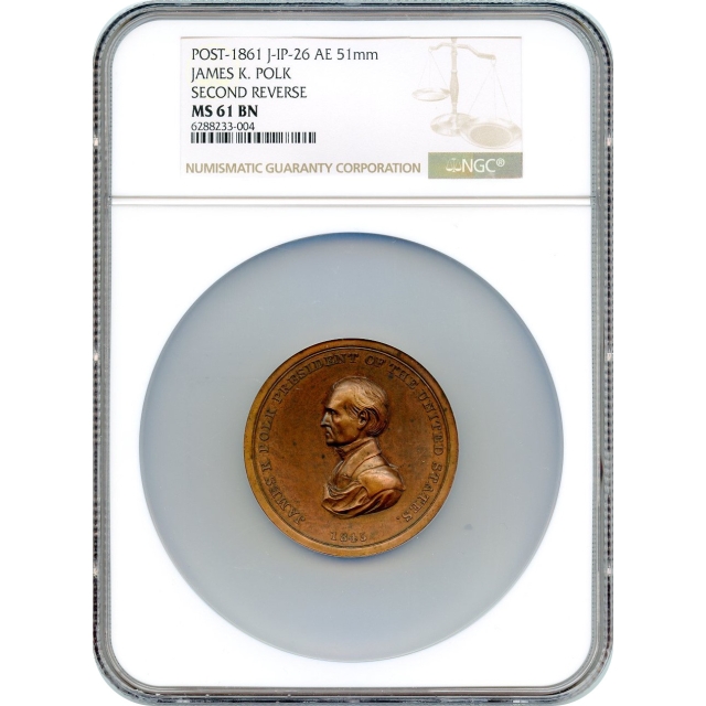 Indian Peace Medal - 1845 James Polk, 2nd Reverse, J-IP-26 AE 51mm NGC MS61BN