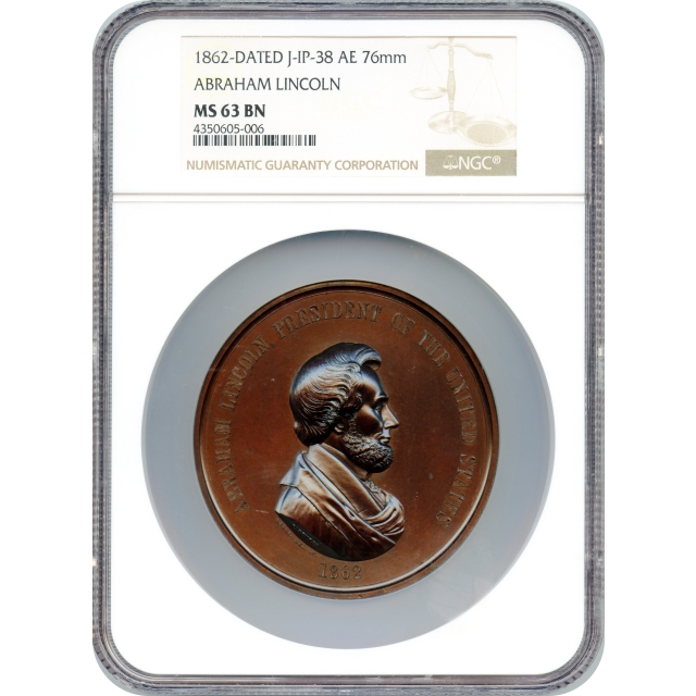 Indian Peace Medal - 1862 Abraham Lincoln, J-IP-38 AE 76mm NGC MS63BN