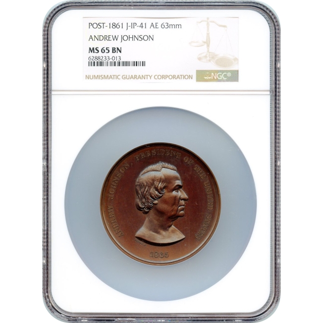 Indian Peace Medal - 1865 Andrew Johnson,  J-IP-41 AE 63mm NGC MS65BN