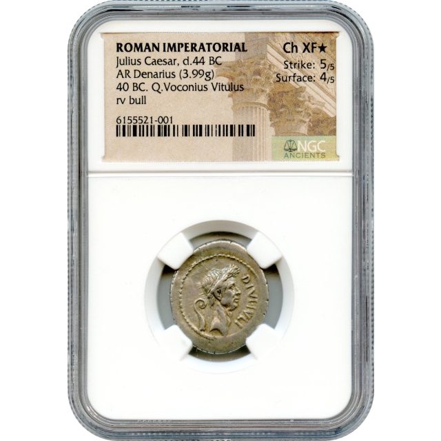 Ancient Roman Imperatorial - 40 BCE Julius Caesar AR Denarius NGC Choice XF★ - Q. Vaconious Vitulus moneyer