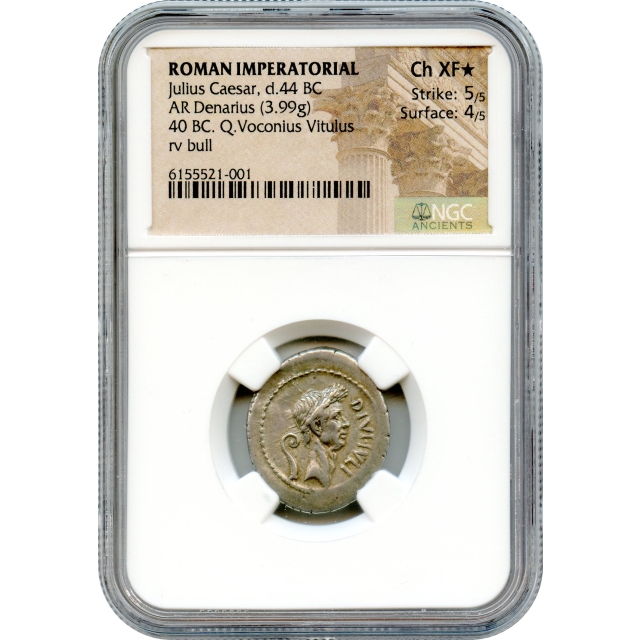 Ancient Roman Imperatorial - 40 BCE Julius Caesar AR Denarius NGC Choice XF* (STAR) - Q. Vaconious Vitulus moneyer