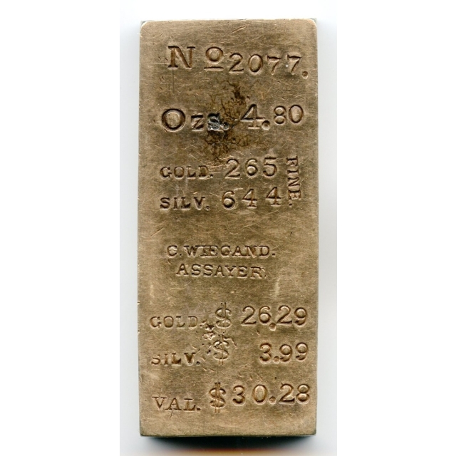C. Wiegand, Assayer. Gold Hill, Virginia City, Nevada. Gold & silver assay ingot no. 2077‏