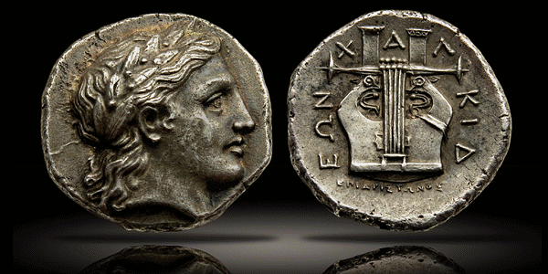 Olynthus, 355-352. Chalcidian league, 432-348. Tetradrachm, silver Ancient Greek “guitar” – the reverse depicts a kithara from which the word “guitar” is derived.